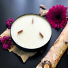 3 wick candle in black metal vessel, Black Dahlia and Birch