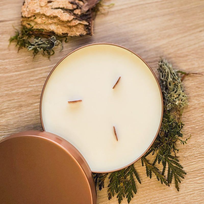 3 wick candle in copper metal tin - Oakmoss and Cedar