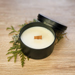 1 wooden wick candle in black metal tin - Oakmoss and Cedar