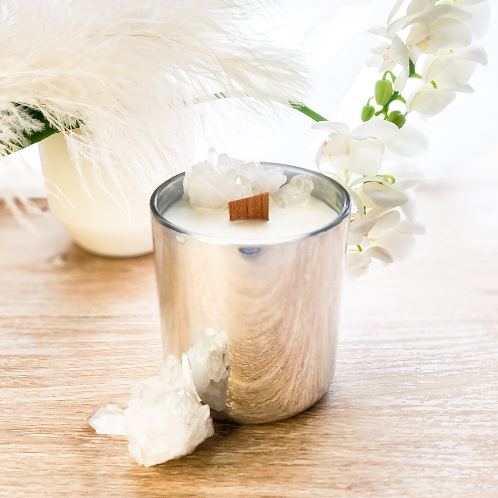 Clear Quartz Cluster crystal candle with wooden wick in silver glass vessel. Orchid and Vanilla