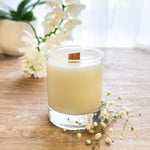 1 wooden wick candle in clear glass tumbler, scented with Orchid and Vanilla essential oil fragrance blend.