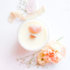 Pink Calcite crystal candle with wooden wick in white vessel - Tuberose and Frangipani floral scent