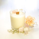 Rose Quartz and Clear Quartz crystal candle with wooden wick in frosted white glass jar - Tuberose and Frangipani - Floral scent
