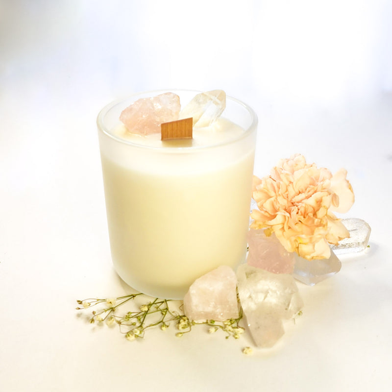 Rose Quartz and Clear Quartz crystal candle with wooden wick in frosted white glass jar - Tuberose and Frangipani - Floral scent