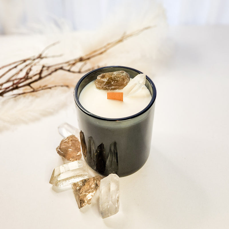 Smoky Quartz and Clear Quartz crytal candle with wood wick in grey glass jar 