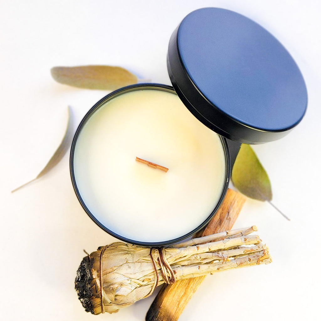 1 or 3 wick candles scented with 100% natural essential oil fragrance blend Palo Santo and Sage. Used for purification.