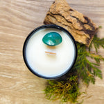 Top view of Aventurine Crystal Candle with wooden wick in black glass jar - Oakmoss and Cedar