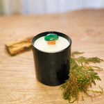 Aventurine Crystal Candle with wooden wick in black glass jar - Oakmoss and Cedar