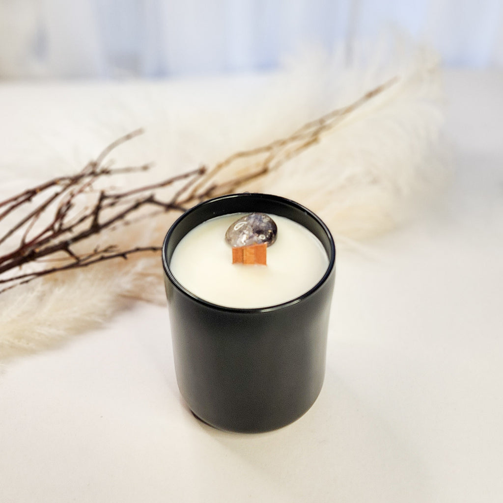 Smoky Quartz Crystal Candle with wooden wick and black glass vessel, Black Dahlia and Birch
