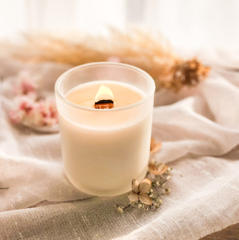 Lit candle - Lilacs wooden wick candle in frosted white glass jar with natural wax