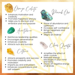 Peacock Ore, Orange Calcite, Citrine, Aventurine, and Clear Quartz properties and meaning.